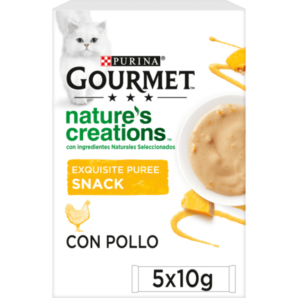 PURINA® GOURMET® NATURE'S CREATIONS Exquisito Puré Snack Liquido con Pollo y Calabaza Vista Frontal