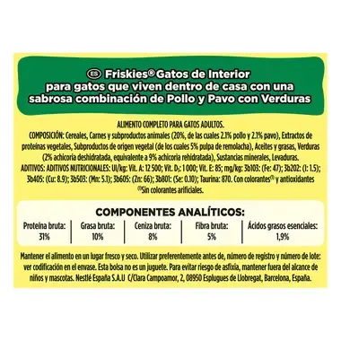 PURINA®  FRISKIES®  Gatos Interior con Pollo y Sabor con Verduras Beneficios