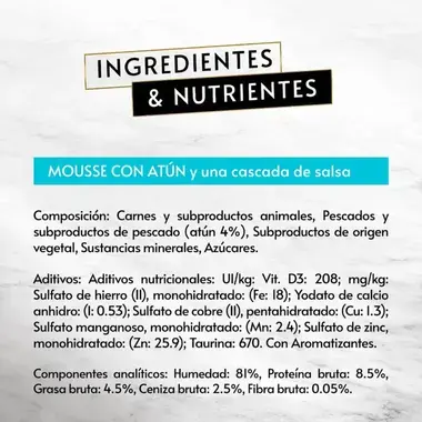 PURINA® GOURMET™ REVELATIONS™ Pirámide de Mousse, con Atún y cascada de Salsa Beneficios