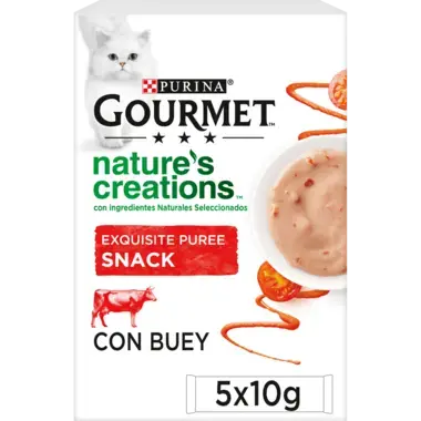 PURINA® GOURMET® NATURE'S CREATIONS Exquisito Puré Snack Liquido con Buey y Tomate Vista Frontal