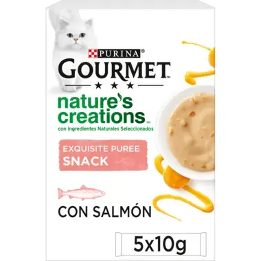 PURINA® GOURMET® NATURE'S CREATIONS Exquisito Puré Snack Liquido con Salmón y Zanahoria Vista Frontal