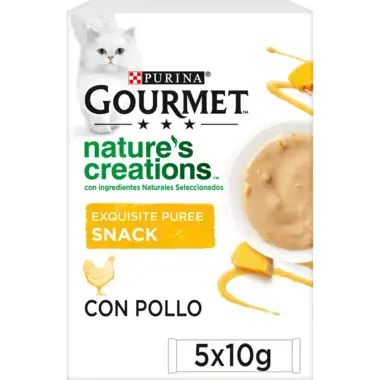 PURINA® GOURMET® NATURE'S CREATIONS Exquisito Puré Snack Liquido con Pollo y Calabaza Vista Frontal