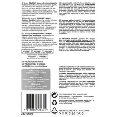 PURINA® GOURMET® NATURE'S CREATIONS Exquisito Puré Snack Liquido con Pollo y Calabaza Vista Trasera