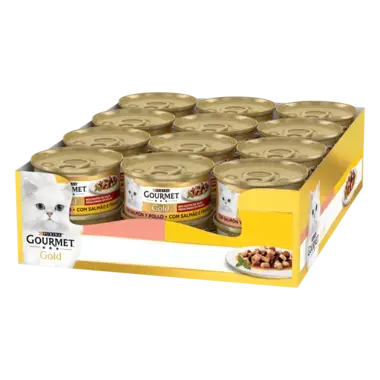 PURINA® GOURMET® GOLD Bocaditos en Salsa Salmón y Pollo Vista Frontal