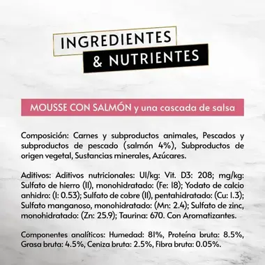 PURINA® GOURMET™ REVELATIONS™ Pirámide de Mousse, con Salmón y cascada de Salsa Beneficios