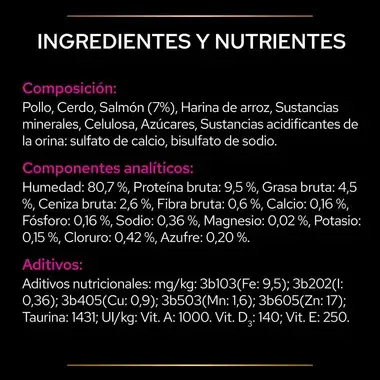 PURINA® PRO PLAN® VETERINARY DIETS Feline UR Urinary Sobres Salmón Ingredientes