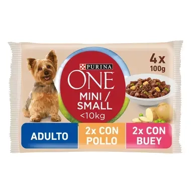 Purina ONE Mini Adulto húmedo Pollo y Buey en salsa Front Pack