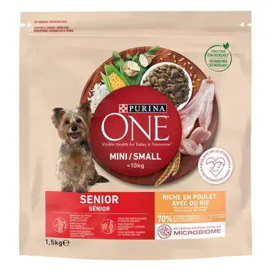 Purina ONE Mini Senior 8 años o más con Pollo y Arroz Front Pack