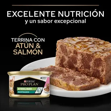 PURINA® PRO PLAN® Gato Adulto Lata STERILISED MAINTENANCE Terrina con atún y salmón