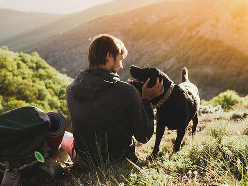 Hombre caminando con su perro en la montaña