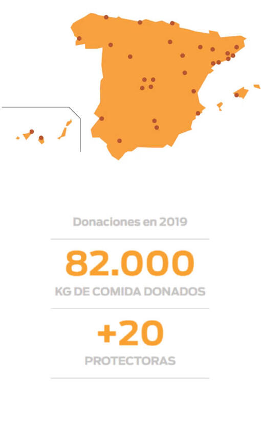 Mapa de España con las protectoras colaboradoras de Purina indicadas en él